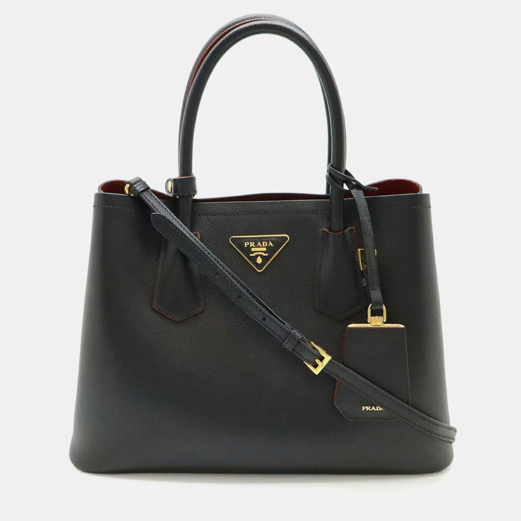 Prada Double Handbag/Shoulder Bag Two-Tone Embossed Leather Nero Black Prada Double Handbag/Shoulder Bag Two-Tone Embossed Leather Nero Black