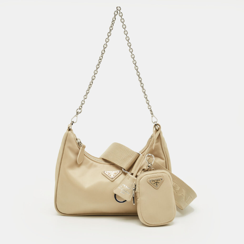 Prada Re-Edition 2005 Beige Nylon and Saffiano Leather Shoulder Bag