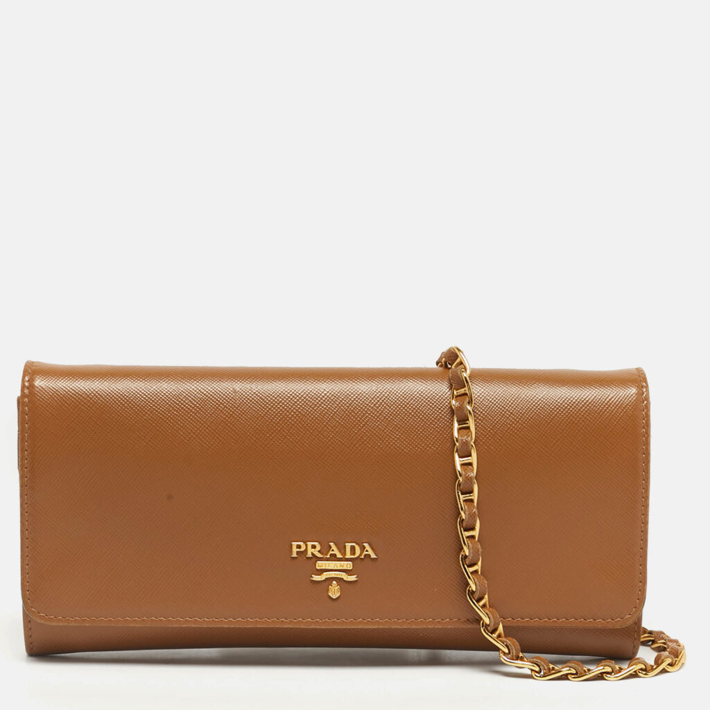 Prada Brown Saffiano Metal Leather Wallet On Chain Prada Brown Saffiano Metal Leather Wallet On Chain