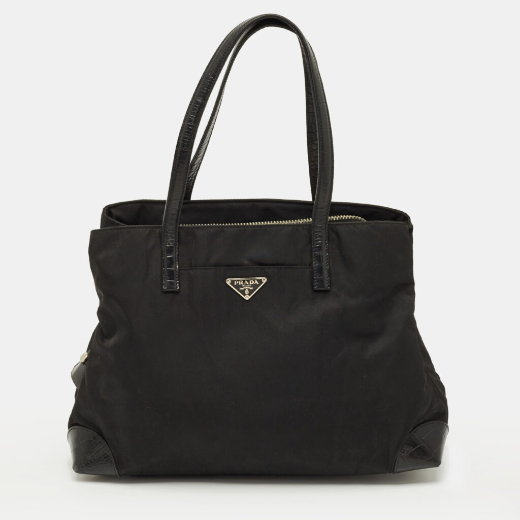 Prada Triple Compartment Black Nylon and Crocodile Tote Prada Triple Compartment Black Nylon and Crocodile Tote