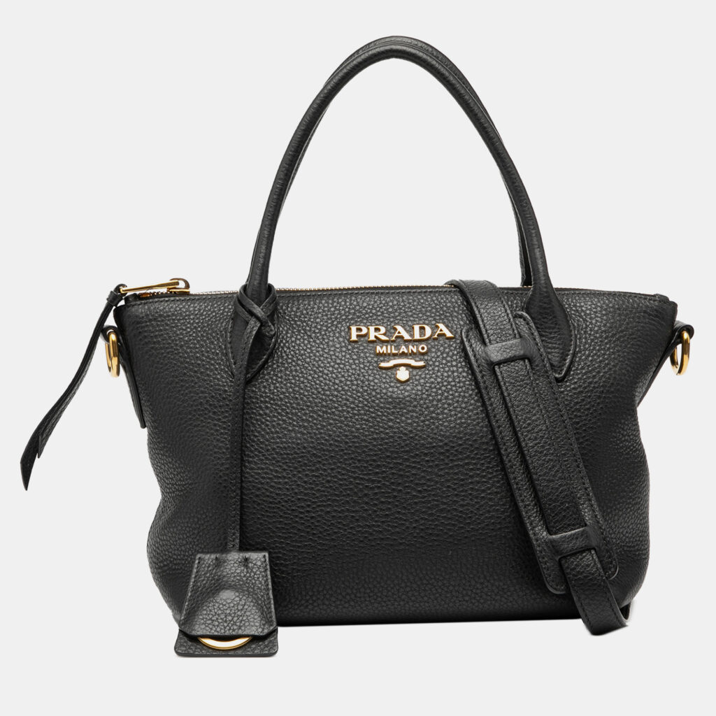Prada Black Vitello Daino Zip Top Satchel