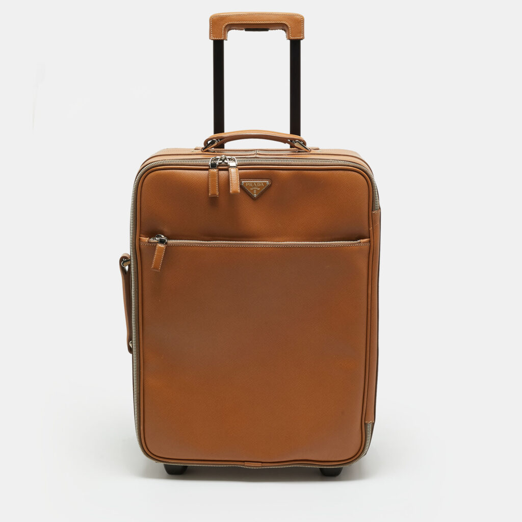Prada Brown Saffiano Travel Leather Rolling Trolley Luggage
