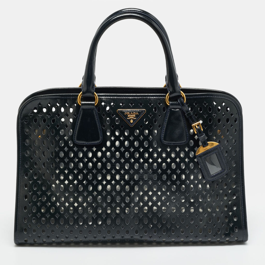 Prada Navy Blue Perforated Saffiano Vernic Leather Satchel