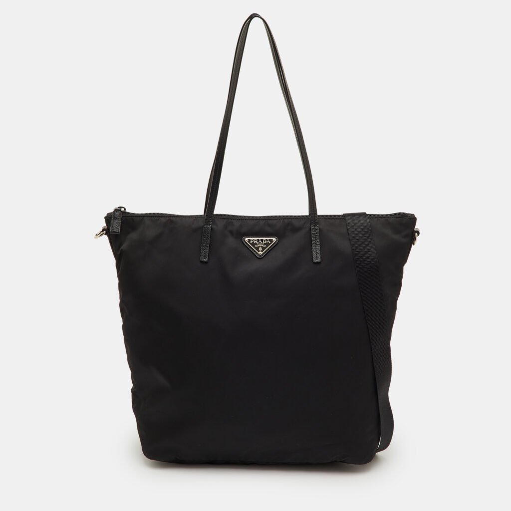 Prada Logo Zip Black Nylon and Leather Tote