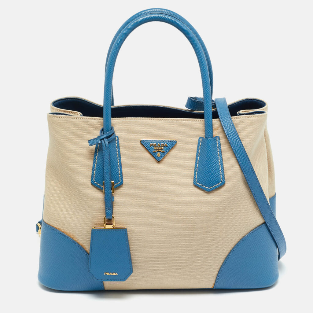 Prada Blue/Beige Canapa Canvas and Saffiano Lux Leather Tote Prada Blue/Beige Canapa Canvas and Saffiano Lux Leather Tote