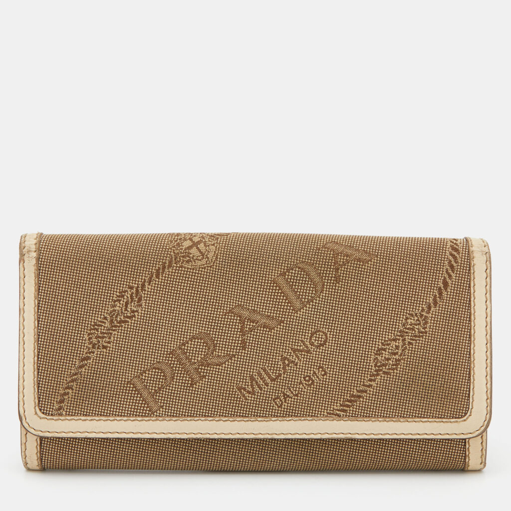 Prada Beige Jacquard Logo Canvas and Leather Flap Continental Wallet Prada Beige Jacquard Logo Canvas and Leather Flap Continental Wallet