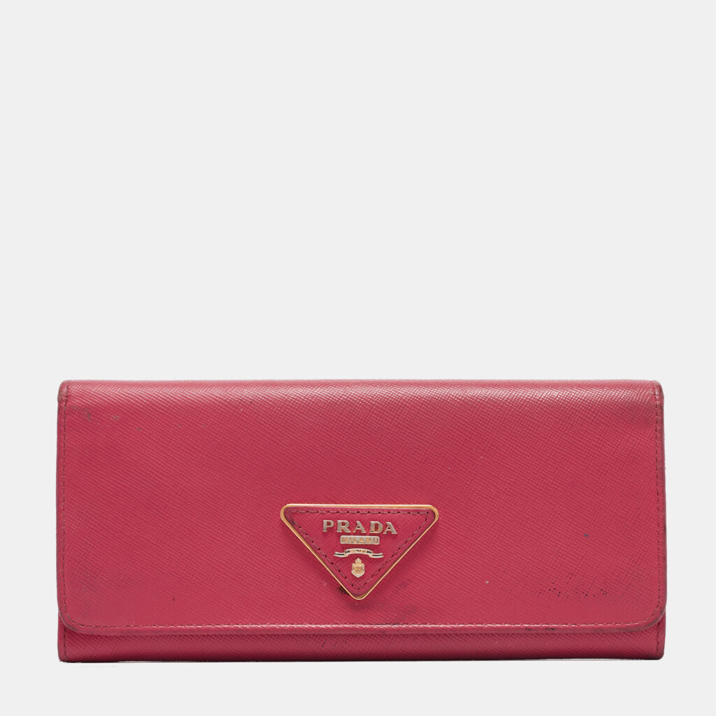 Prada Pink Saffiano Metal Leather Triangle Logo Flap Continental Wallet Prada Pink Saffiano Metal Leather Triangle Logo Flap Continental Wallet