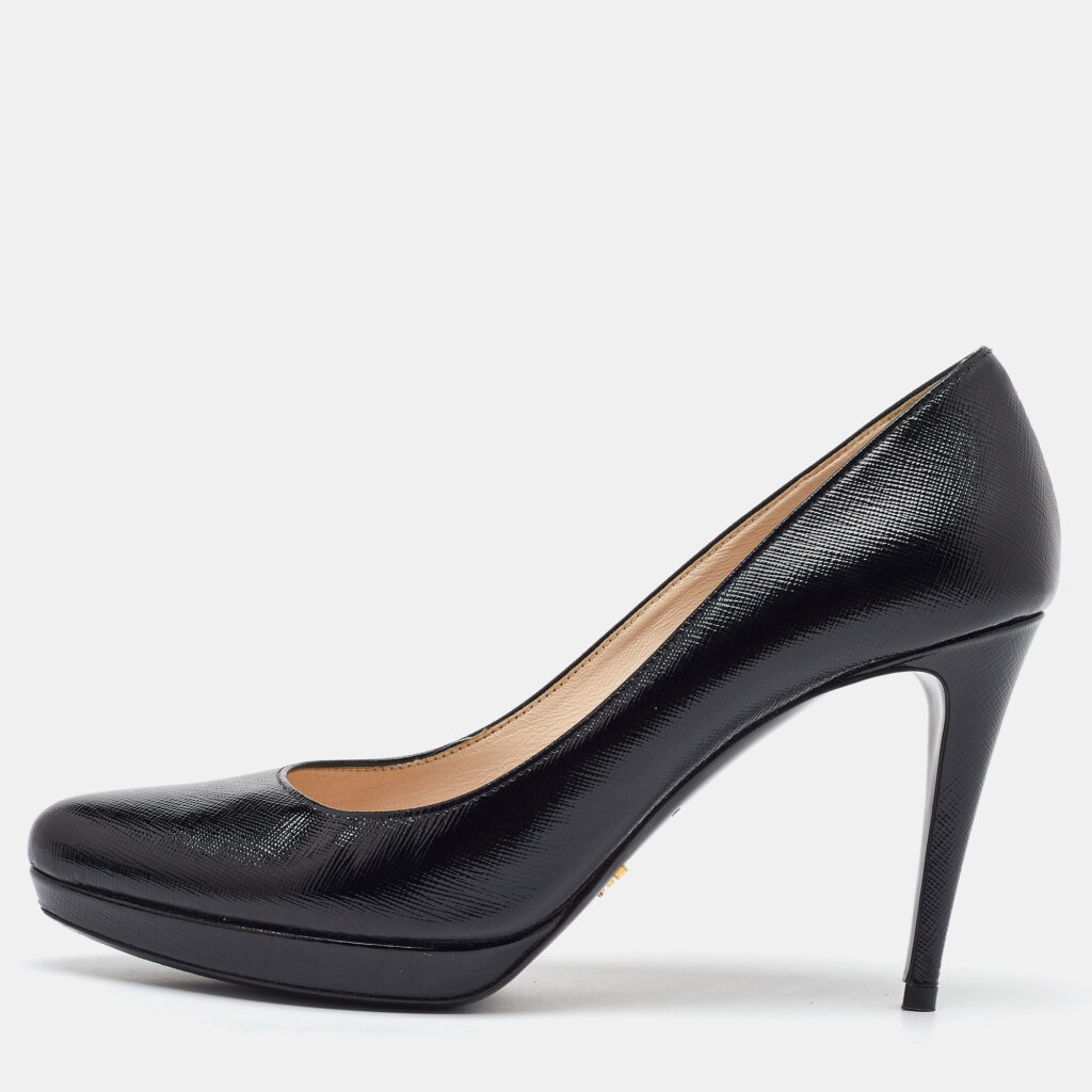 Prada Black Saffiano Patent Leather Platform Pumps Size 40.5 Prada Black Saffiano Patent Leather Platform Pumps Size 40.5
