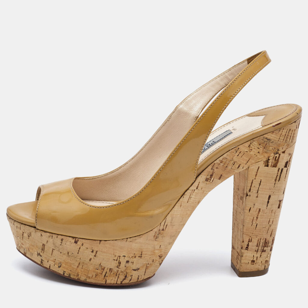 Prada Beige Patent Leather Open Toe Cork Platform Slingback Sandals Size 36.5