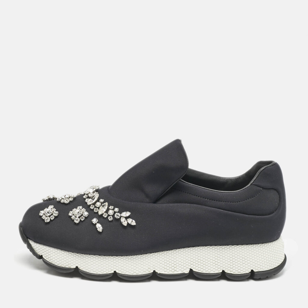 Prada Black Nylon Crystal Embellished Slip On Sneakers Size 38.5