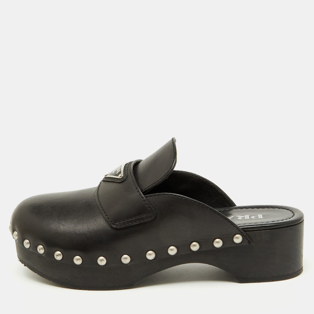 Prada Black Leather Triangle Logo Studded Platform Clogs Size 38 Prada Black Leather Triangle Logo Studded Platform Clogs Size 38