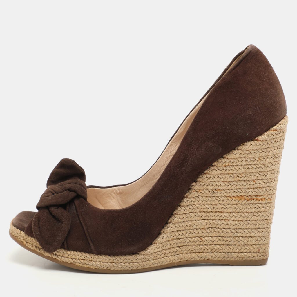 Prada Brown Suede Bow Wedge Espadrille Pumps Size 38 Prada Brown Suede Bow Wedge Espadrille Pumps Size 38