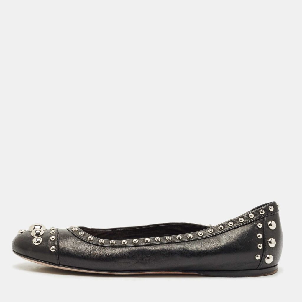 Prada Black Leather Studded Ballet Flats Size 37.5