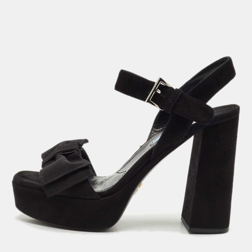Prada Black Suede Ankle Strap Block Heel Platform Sandals Size 39
