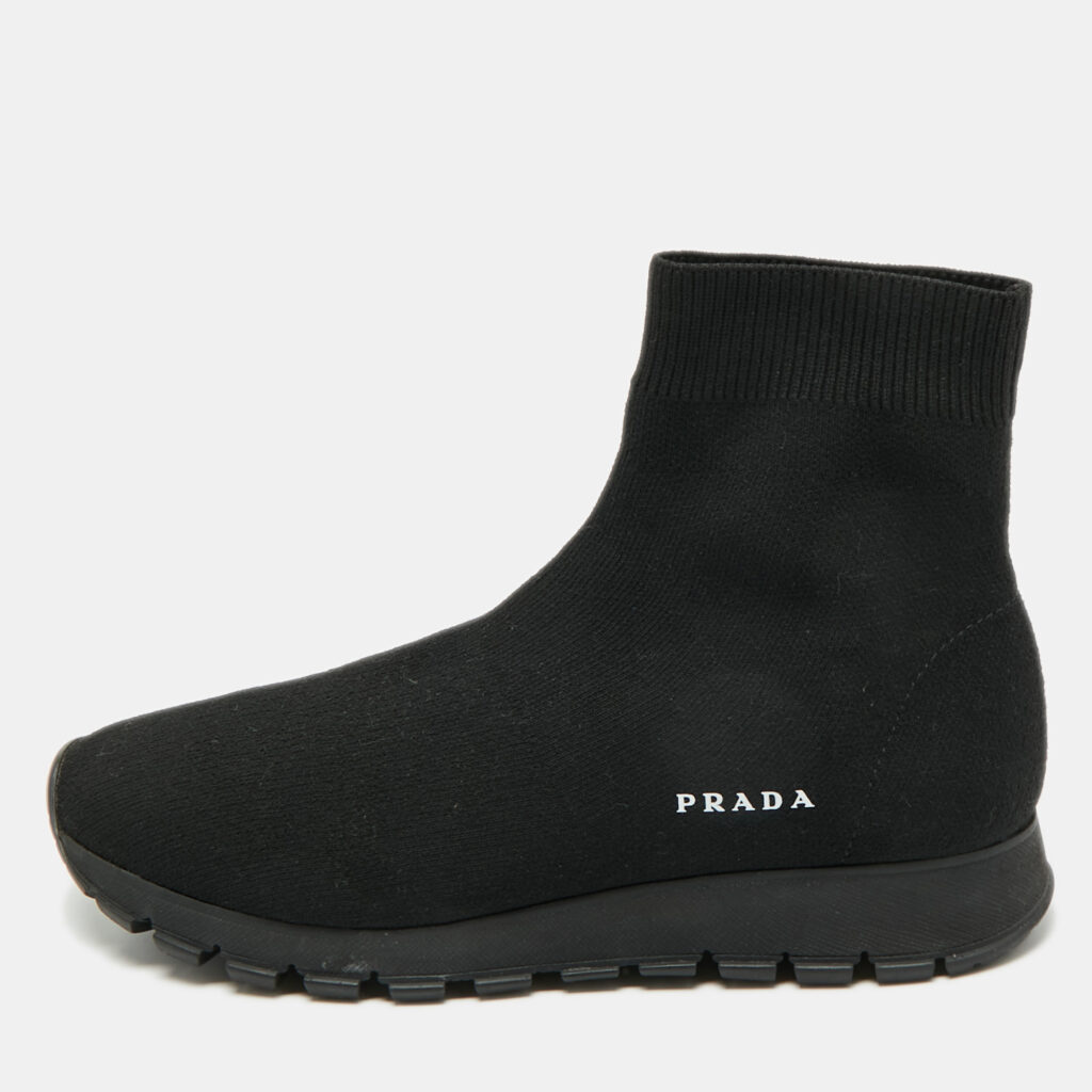 luxury-women-prada-used-shoes-p1175535-001-1.jpg Prada Black Knit Fabric Sock Runner High Top Sneakers Size 35.5