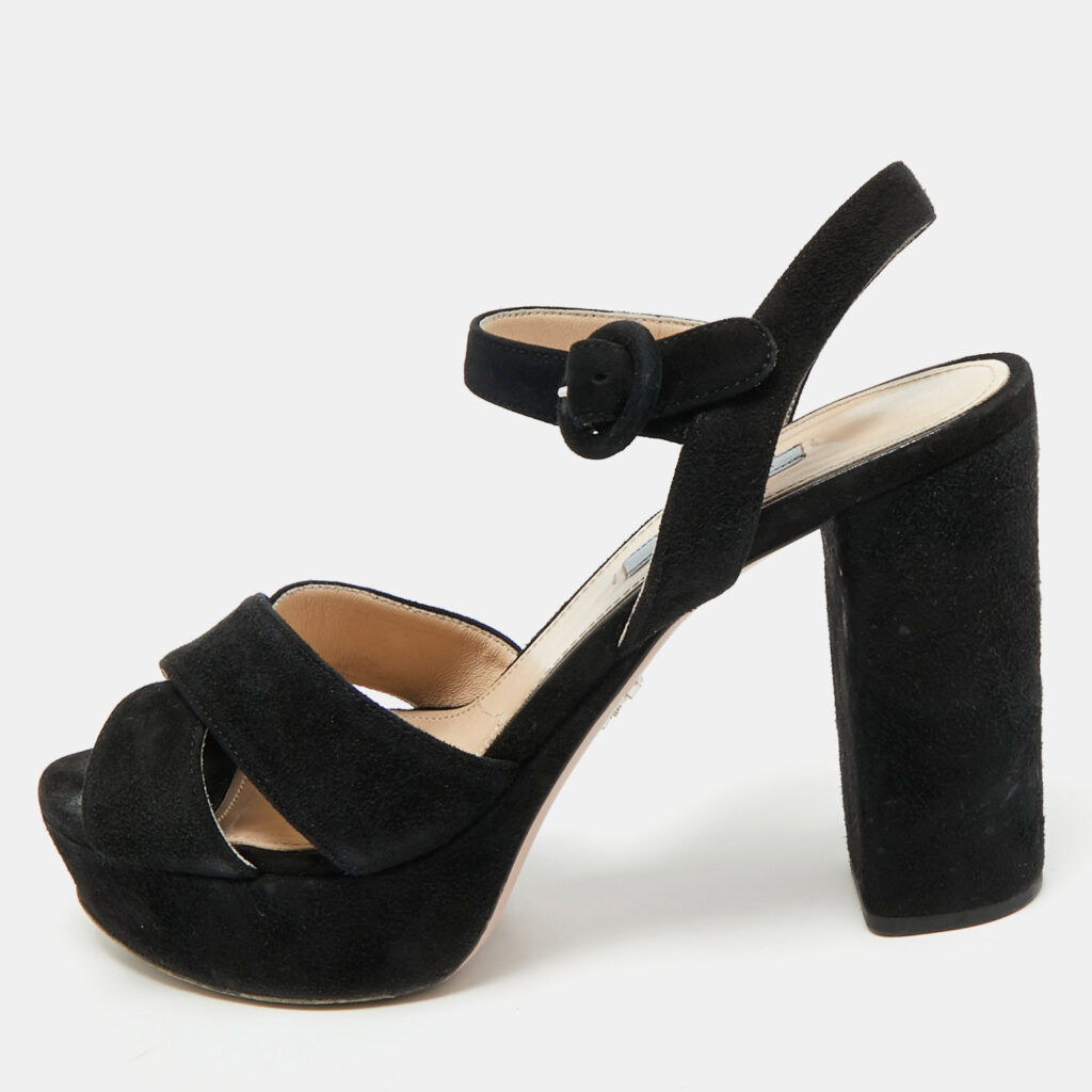 Prada Black Suede Platform Ankle Strap Sandals Size 38.5