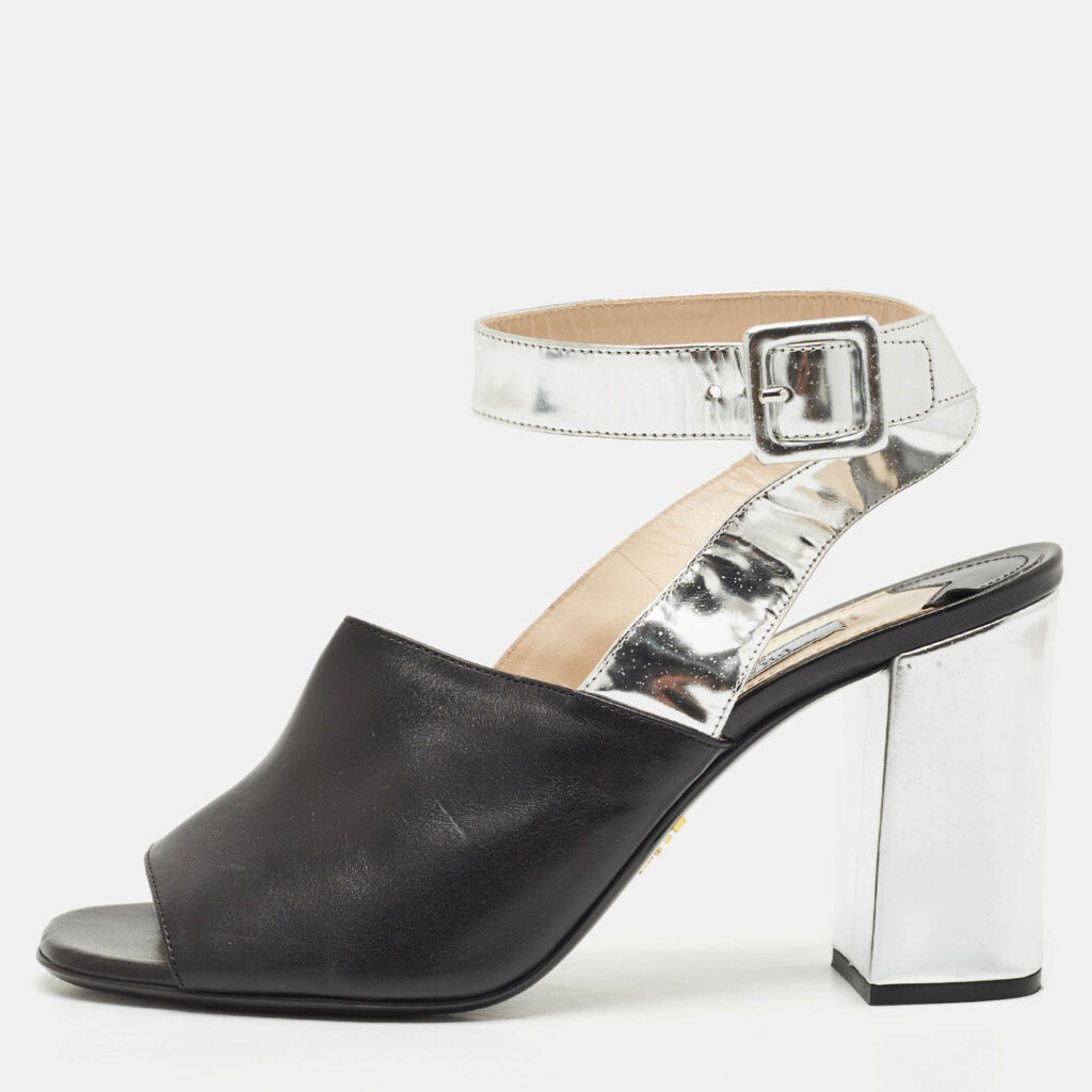 Prada Black/Silver Leather Ankle Strap Sandals Size 38 Prada Black/Silver Leather Ankle Strap Sandals Size 38
