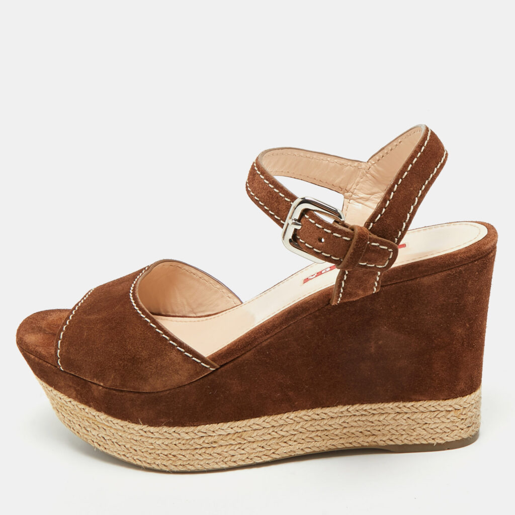 Prada Brown Suede Ankle Strap Wedge Sandals Size 38.5