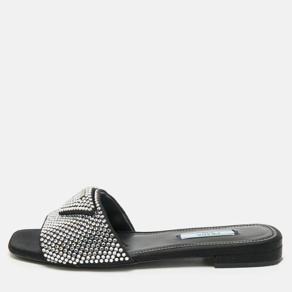 Prada Black Satin Crystal Embellished Flat Slides Size 36.5 Prada Black Satin Crystal Embellished Flat Slides Size 36.5