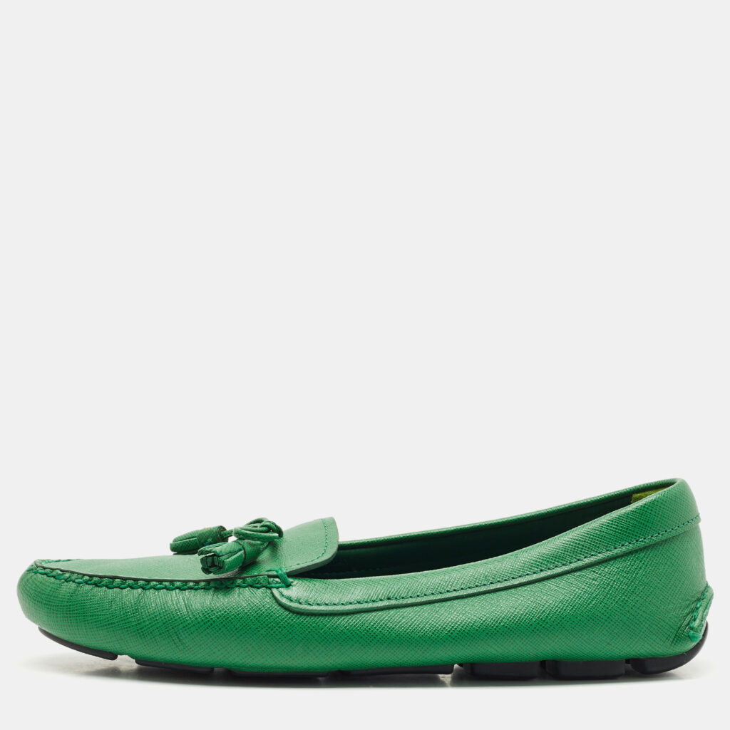 Prada Green Saffiano Leather Bow Slip On Loafers Size 38 Prada Green Saffiano Leather Bow Slip On Loafers Size 38