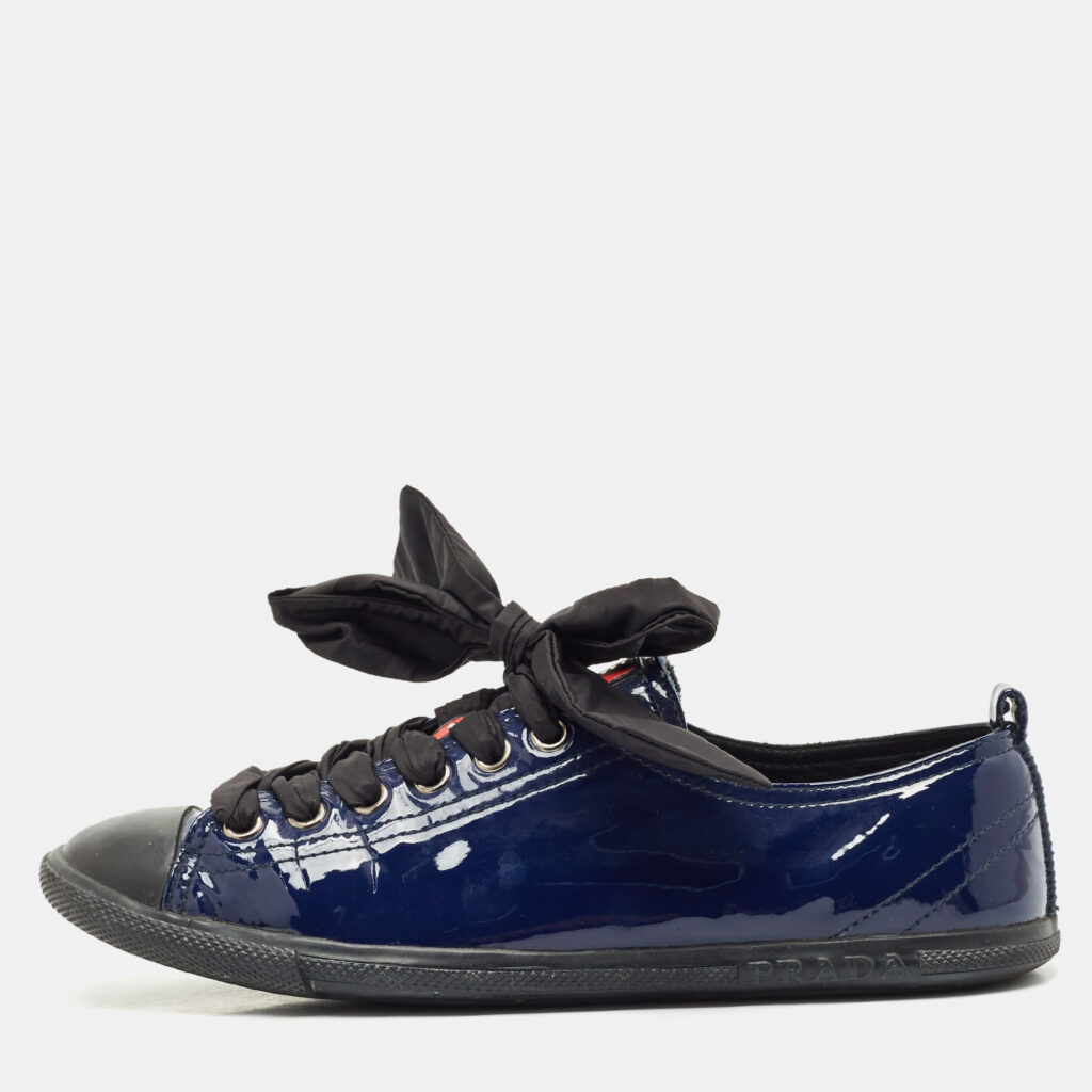 Prada Black/Blue Leather And Patent Leather Lace Up Sneakers Size 37 Prada Black/Blue Leather And Patent Leather Lace Up Sneakers Size 37