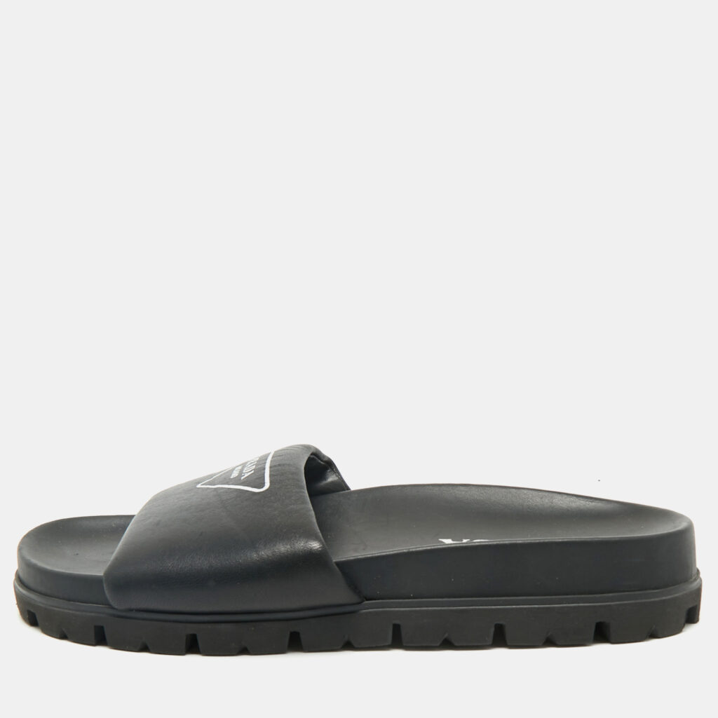 Prada Black Soft Padded Leather Logo Print Flat Slide Sandals Size 38