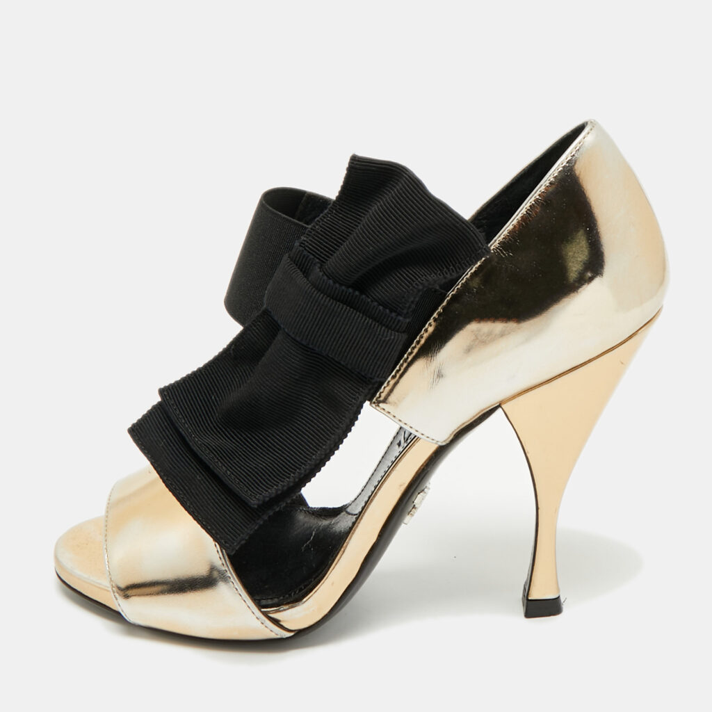 Prada Gold/Black Leather and Grosgrain Bow Ankle Strap Sandals Size 36.5 Prada Gold/Black Leather and Grosgrain Bow Ankle Strap Sandals Size 36.5