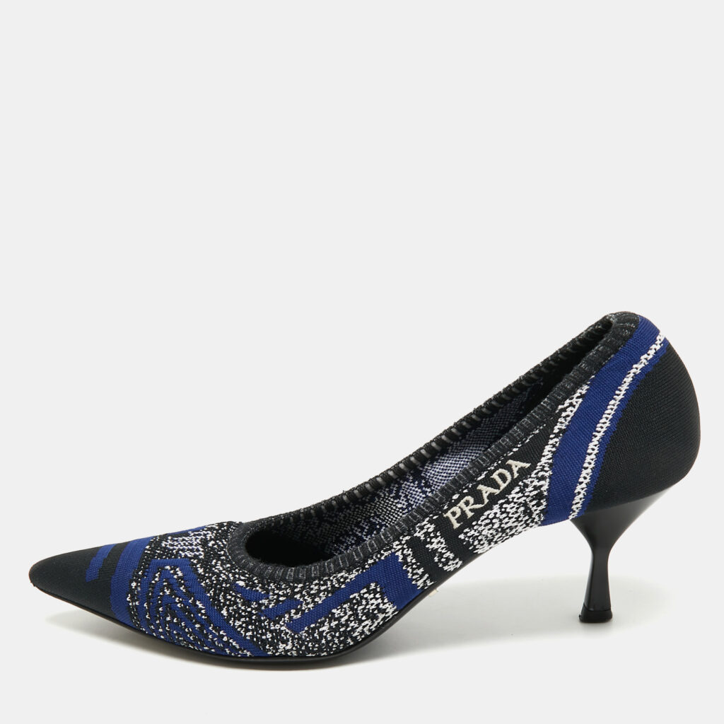 Prada Navy Blue/Black Knit Fabric Pointed Toe Pumps Size 38.5