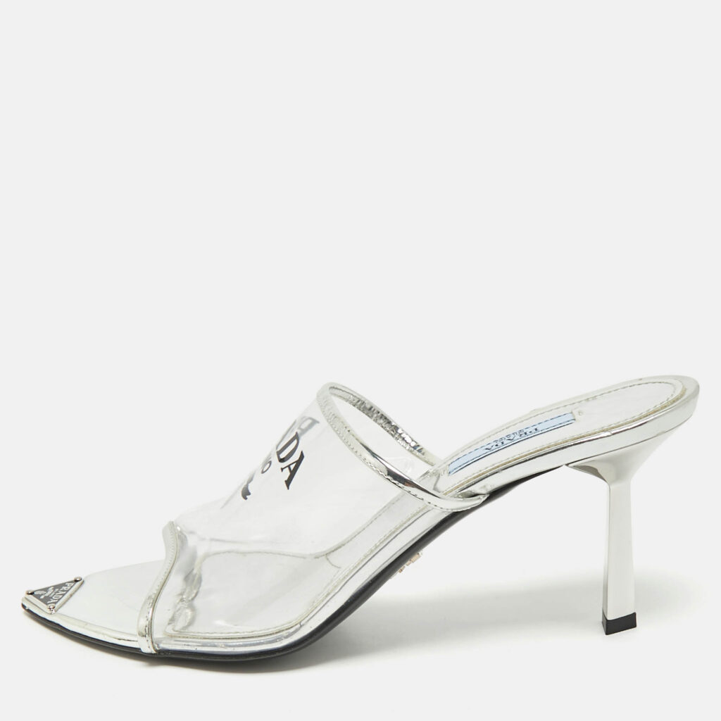 luxury-women-prada-used-shoes-p1186495-014.jpg Prada Transparent PVC Logo Print Slide Sandals Size 39