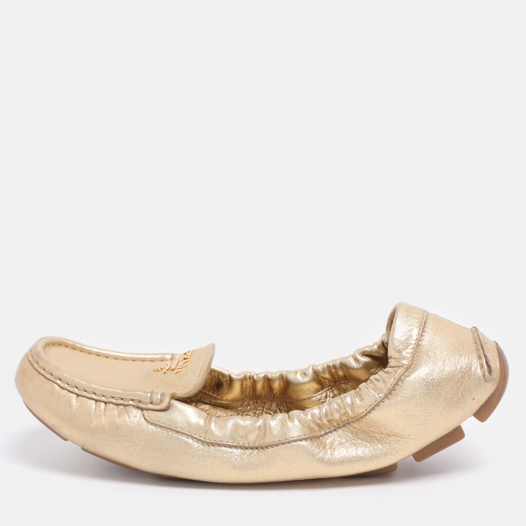 Prada Gold Leather Scrunch Slip On Loafers Size 39