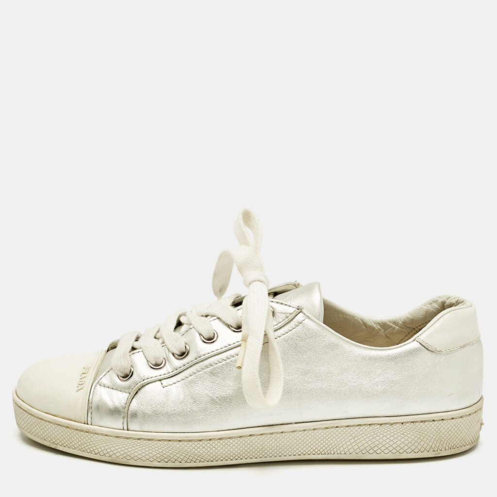 Prada Silver/White Leather and Rubber Cap Toe Lace Up Sneakers Size 37.5 Prada Silver/White Leather and Rubber Cap Toe Lace Up Sneakers Size 37.5