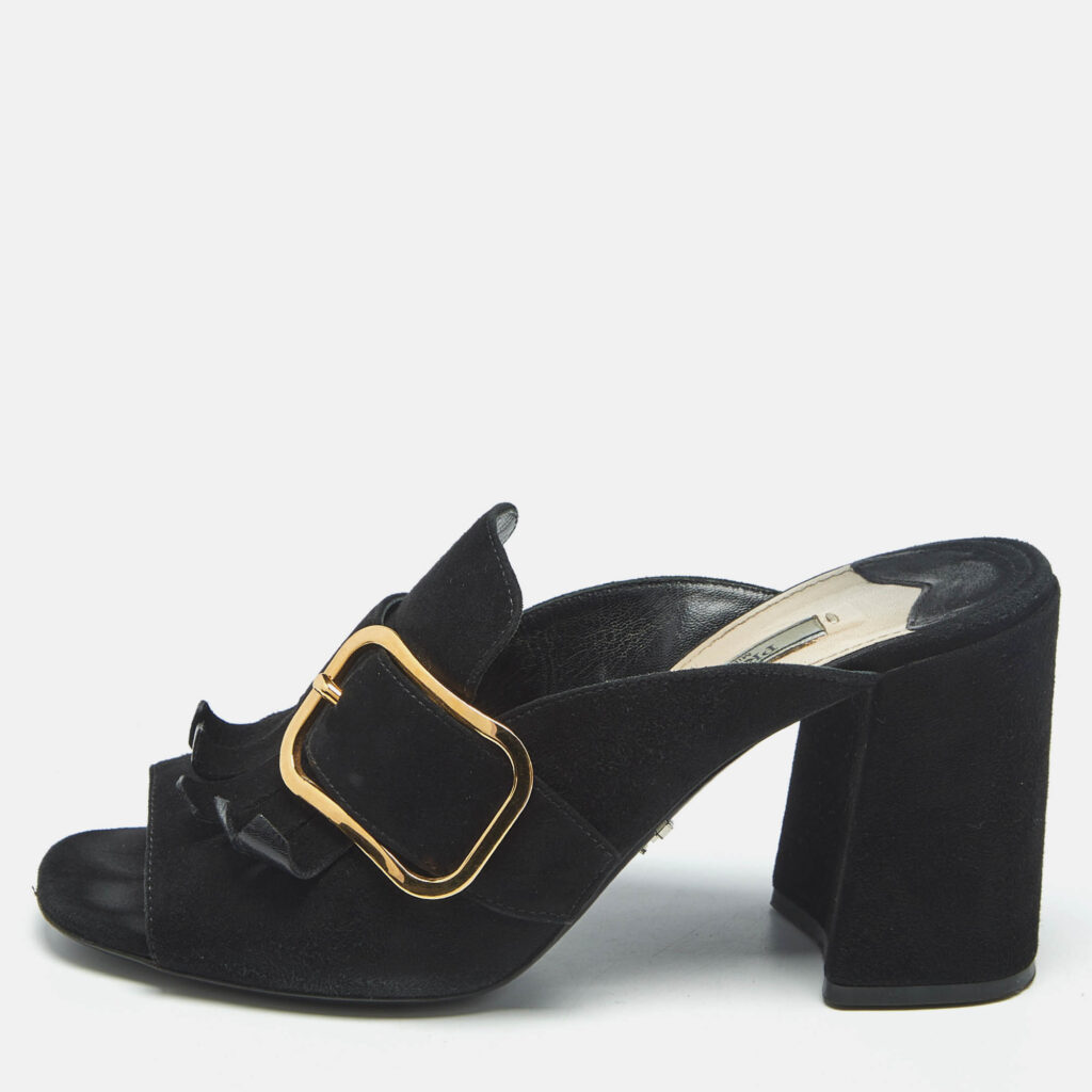 Prada Black Suede Buckle Fringe Block Heel Mules Size 37.5 Prada Black Suede Buckle Fringe Block Heel Mules Size 37.5
