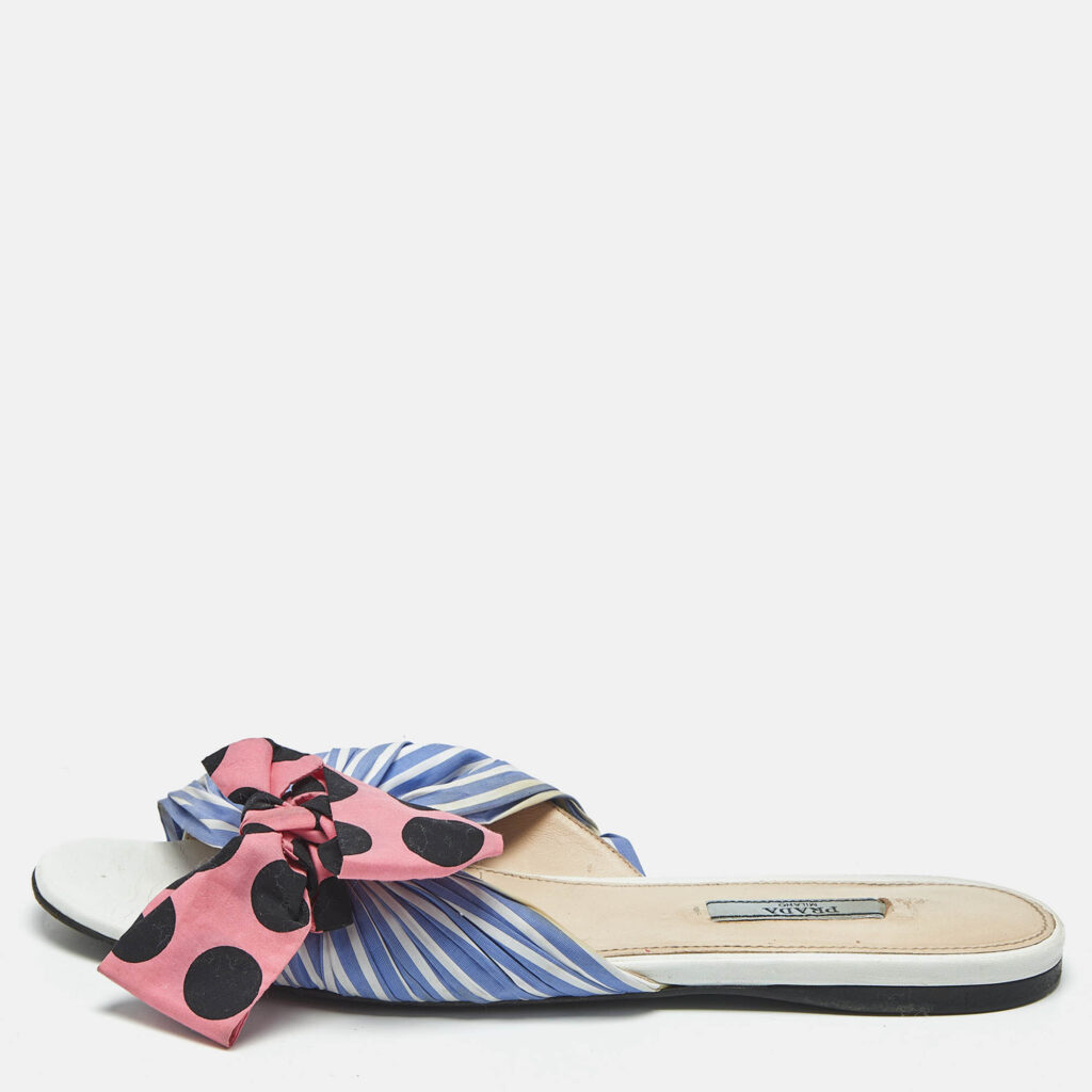 Prada Blue/Pink Fabric Stripe Printed And Polka Dot Bow Detail Slide Sandals Size 41