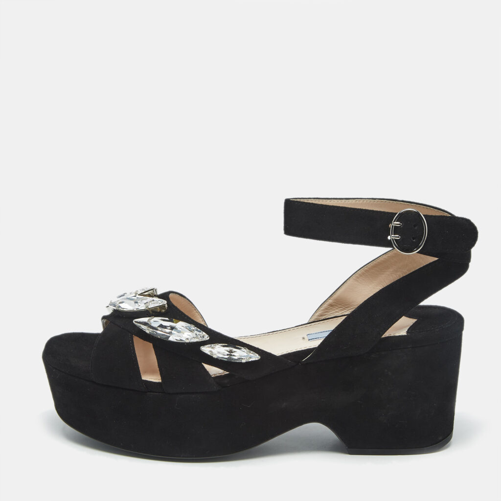 Prada Black Suede Crystal Embellished Platform Sandals Size 39 Prada Black Suede Crystal Embellished Platform Sandals Size 39