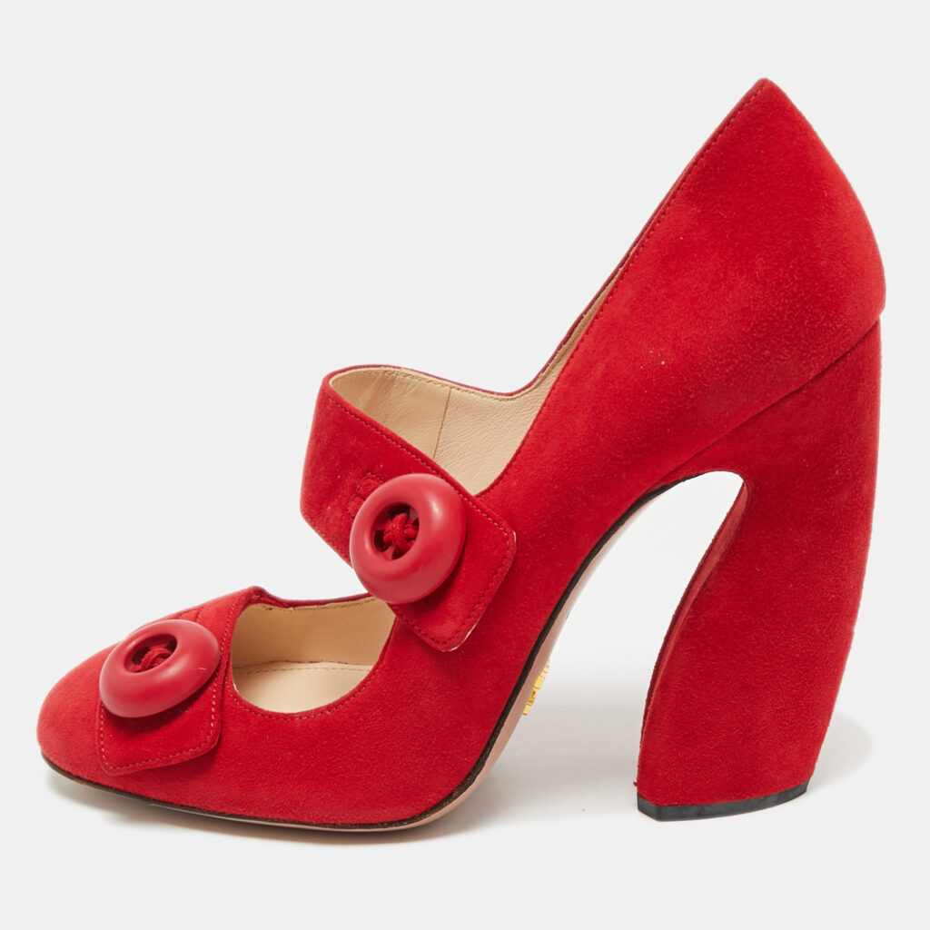 Prada Red Suede Mary Jane Button Pumps Size 39.5
