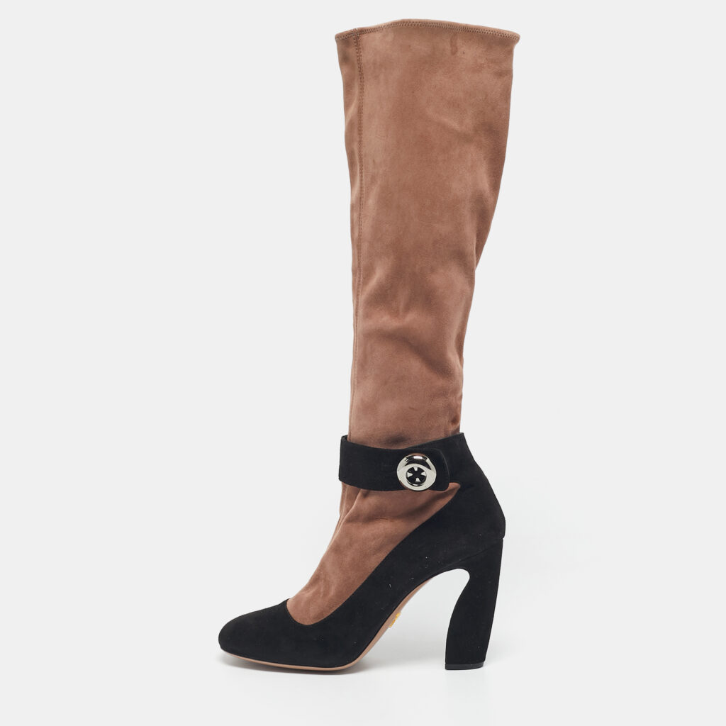 Prada Black/Beige Suede Knee Length Block Heel Boots Size 39.5