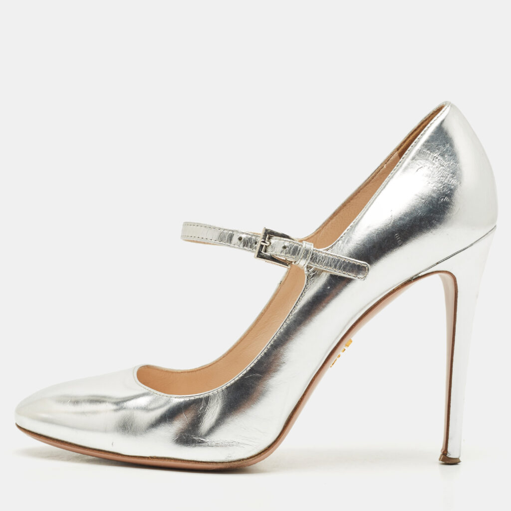 Prada Silver Leather Mary Jane Pumps Size 39