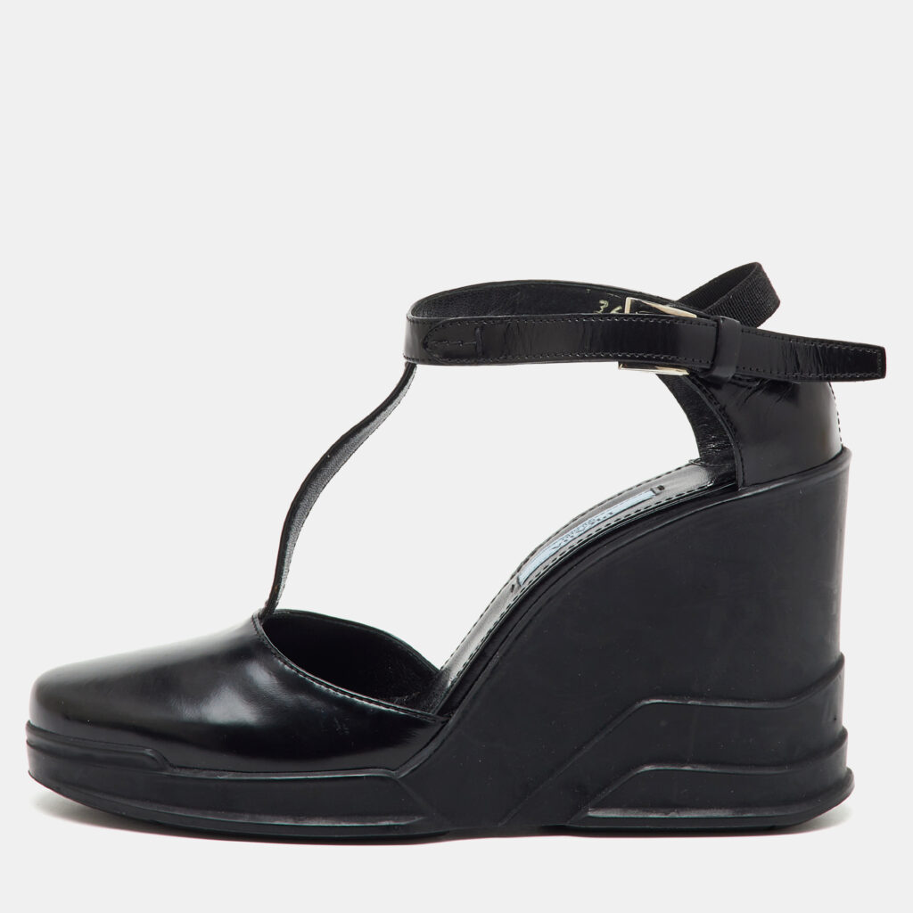 Prada Black Leather T-Strap Platform Wedge Sandals Size 36