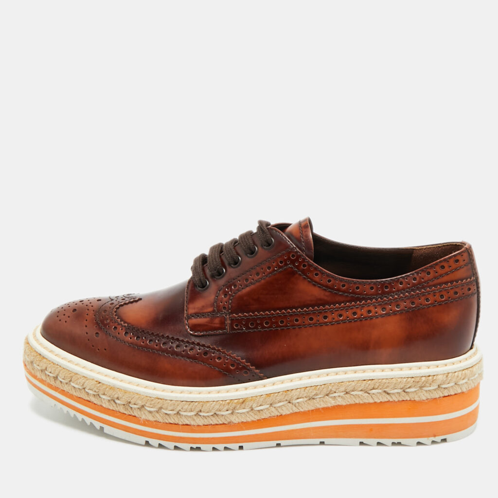 Prada Brown Brogue Leather Oxford Espadrille Sneakers Size 37.5 Prada Brown Brogue Leather Oxford Espadrille Sneakers Size 37.5