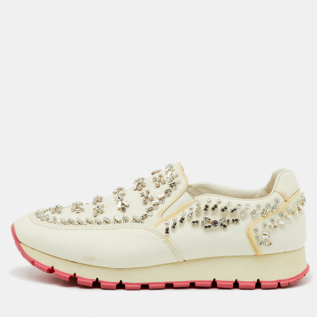 Prada White Canvas Crystal Embellished Slip On Sneakers Size 38.5 Prada White Canvas Crystal Embellished Slip On Sneakers Size 38.5