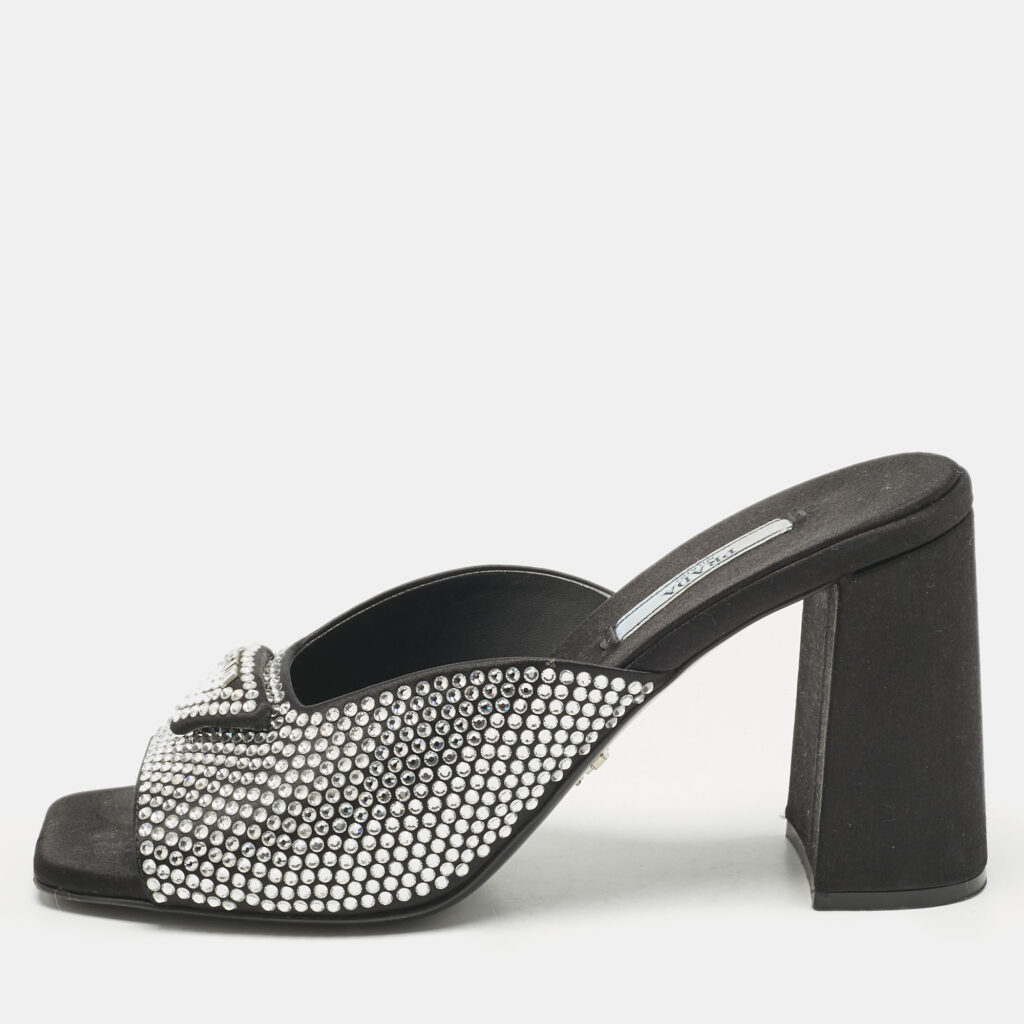 Prada Black Satin Crystal Embellished Logo Slide Sandals Size 37 Prada Black Satin Crystal Embellished Logo Slide Sandals Size 37