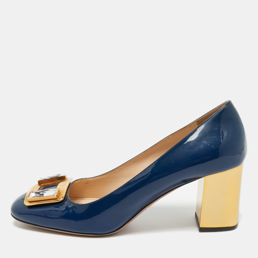 Prada Navy Blue Patent Leather Buckle Block Heel Pumps Size 38 Prada Navy Blue Patent Leather Buckle Block Heel Pumps Size 38