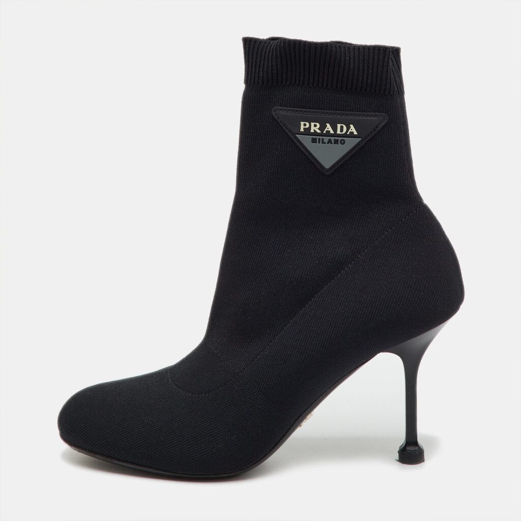 Prada Black Knit Fabric Logo Sock Ankle Booties Size 36.5 Prada Black Knit Fabric Logo Sock Ankle Booties Size 36.5