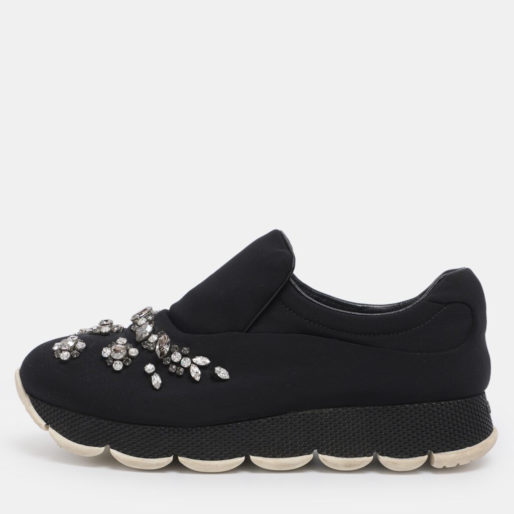 Prada Navy Blue Neoprene Crystal Embellished Slip On Sneakers Size 37.5 Prada Navy Blue Neoprene Crystal Embellished Slip On Sneakers Size 37.5