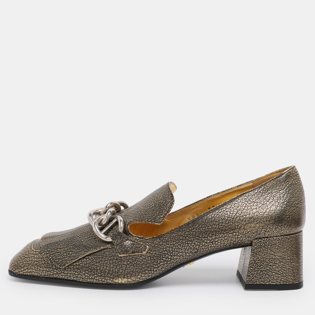 Prada Gold Metalic Leather Fringe Chain Detail Moccasins Size 38