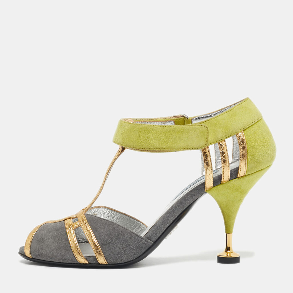 Prada Green/Grey Suede and Leather T Strap Pumps Size 37 Prada Green/Grey Suede and Leather T Strap Pumps Size 37