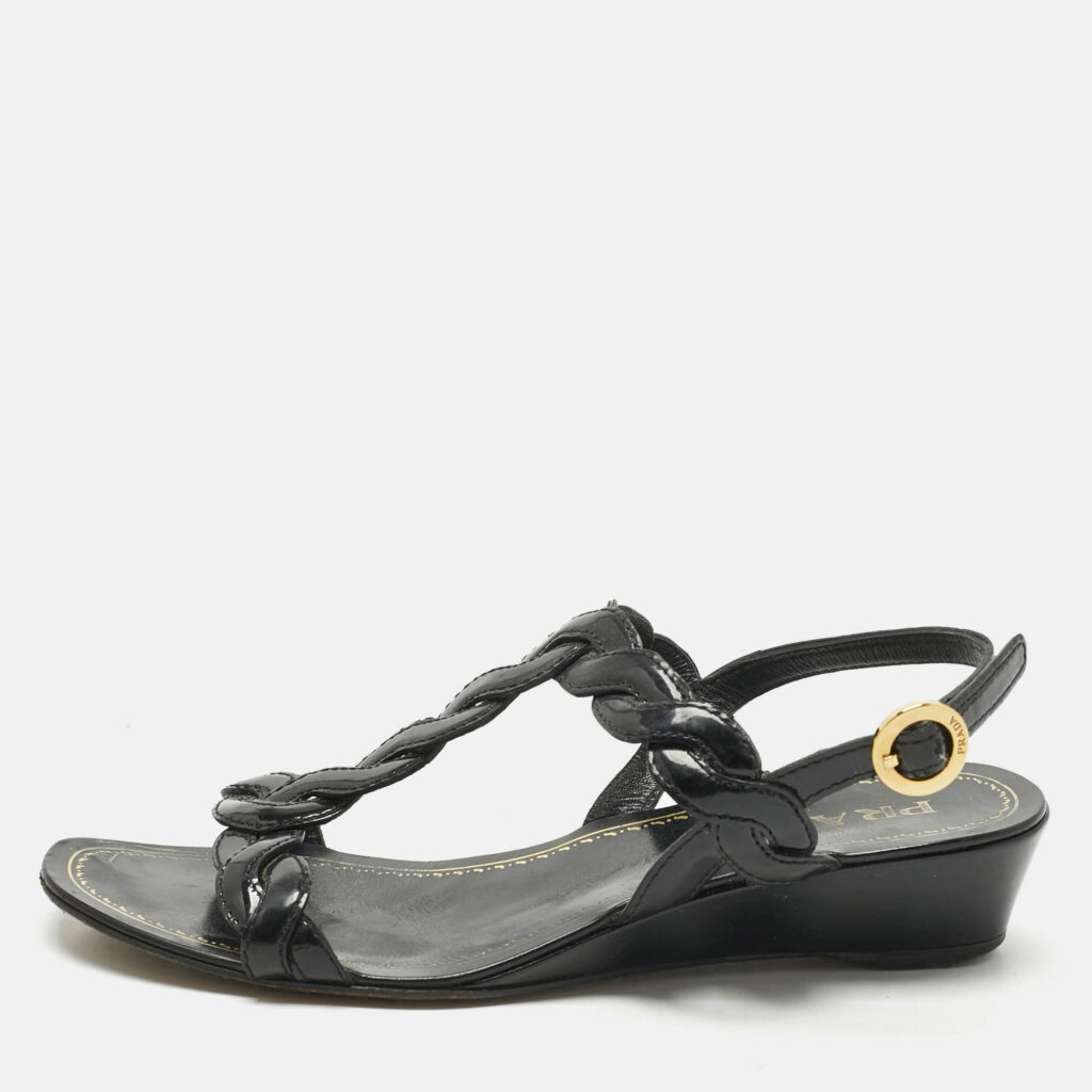 Prada Black Patent Leather Wedge Ankle Strap Sandals Size 37 Prada Black Patent Leather Wedge Ankle Strap Sandals Size 37