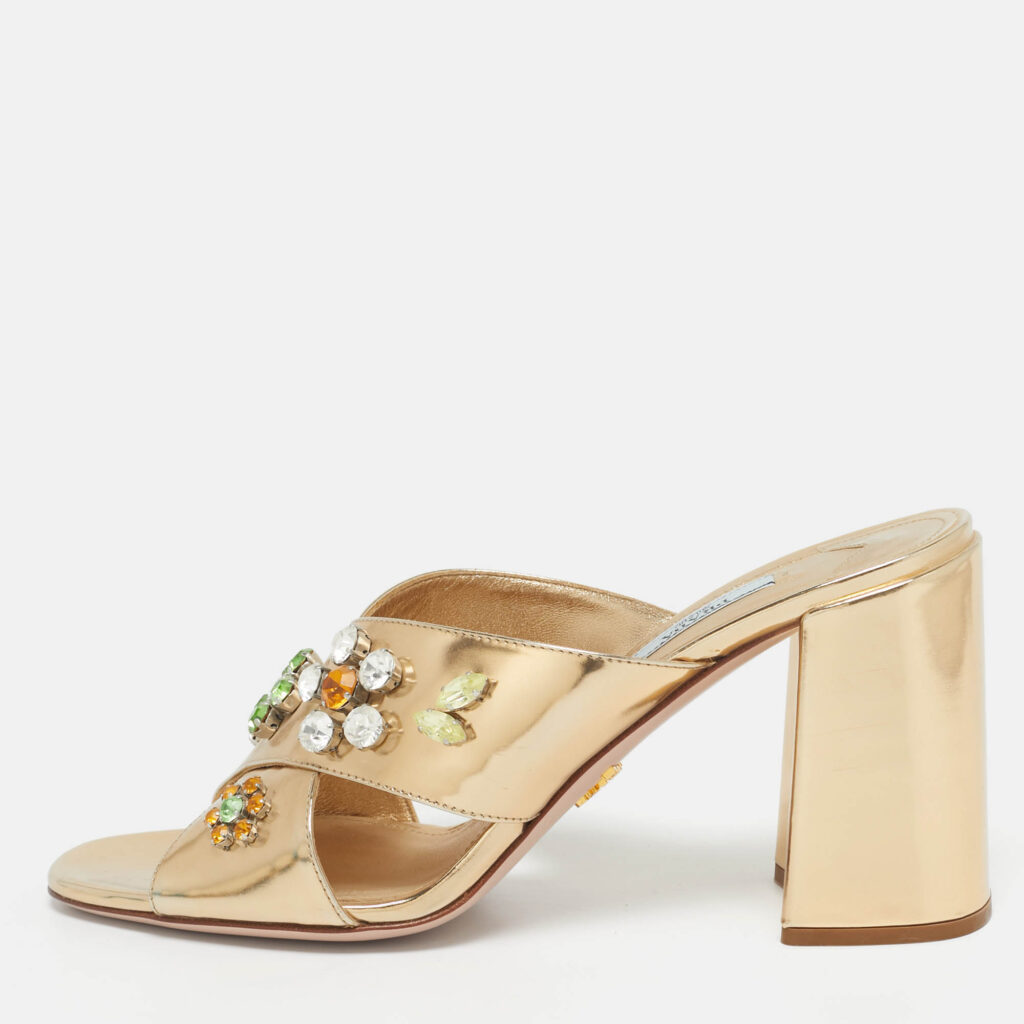Prada Gold Patent Leather Crisscross Embellished Sandals Size 41 Prada Gold Patent Leather Crisscross Embellished Sandals Size 41