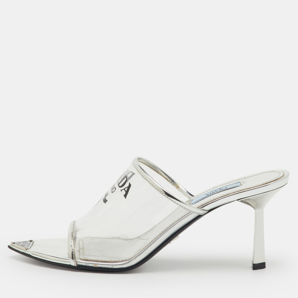 Prada Transparent/Silver Leather and Logo Print PVC Plexiglass Slide Sandals Size 38 Prada Transparent/Silver Leather and Logo Print PVC Plexiglass Slide Sandals Size 38