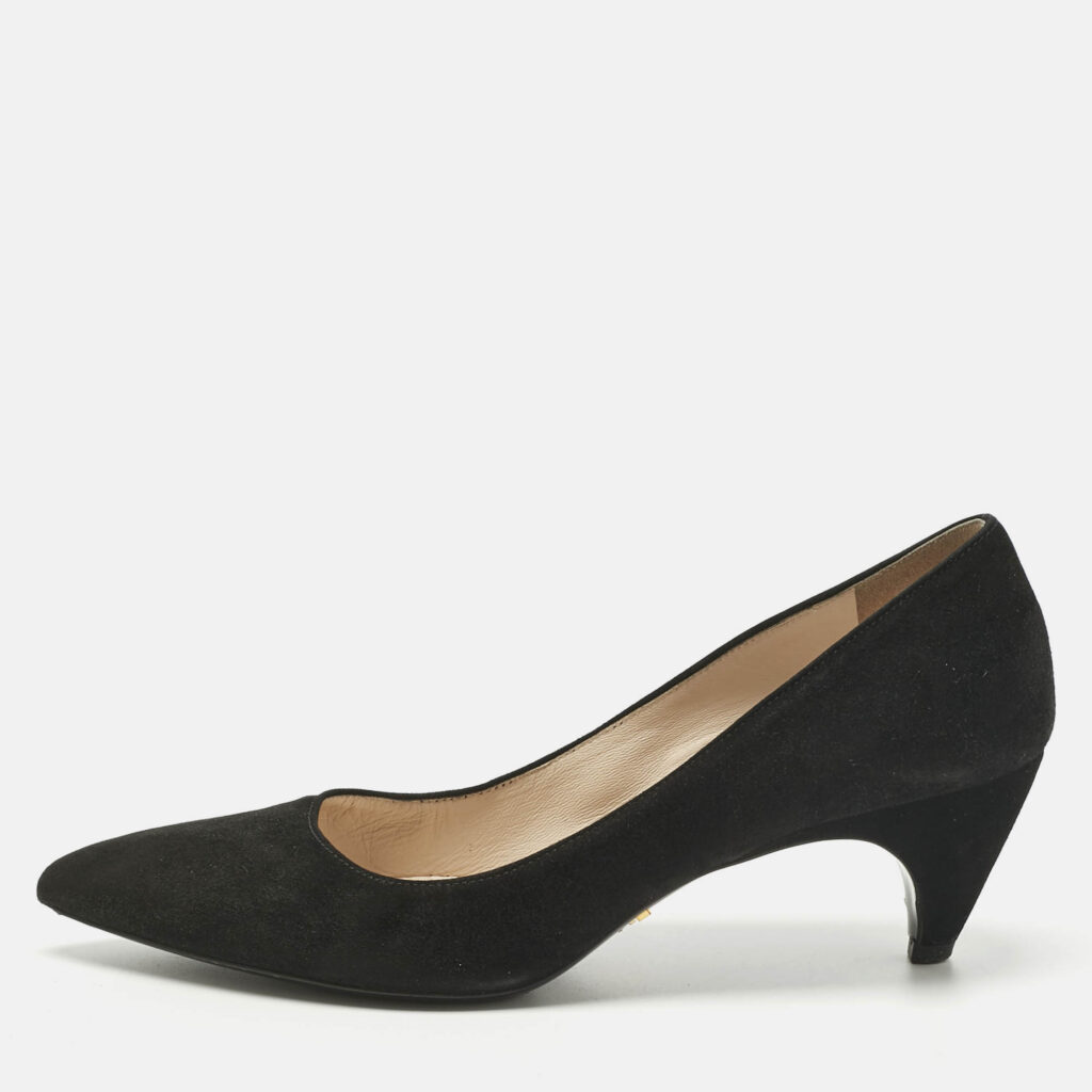 Prada Black Suede Pointed Toe Kitten Heel Pumps Size 37.5